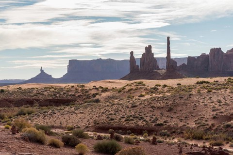 Scenic view of Totem Poles rock formation in the Monument Valley, USA, North America
