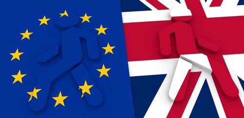 Image relative to politic situation between great britain and european union. Pedestrians icons