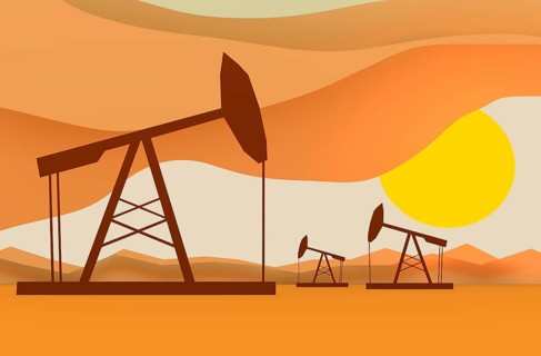Oil pumps in sun down. Energy and power relative backdrop