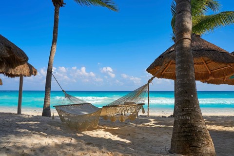 Playa del Carmen beach hammocks in Riviera Maya Caribbean at Mayan Mexico