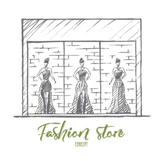 Vector hand drawn Fashion store concept sketch. Stylish female mannequins in gorgeous evening