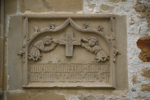 Historical inscription on the exterior façade of St Mary's Church, pilgrimage church, pilgrimage,