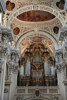 Interior view of St Stephen's Cathedral with organ in Passau