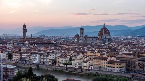 Skyline of downtown Florence during sunset, seen from the famous Piazzale Michelangelo, Italy,