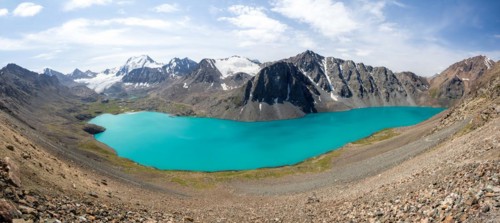 Panorama of Ala-Kul lake in Tien Shan mountains, Kyrgyzstan, Asia