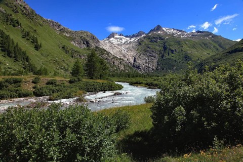 A clear river flows through a green valley, surrounded by wooded mountain slopes and snow-capped