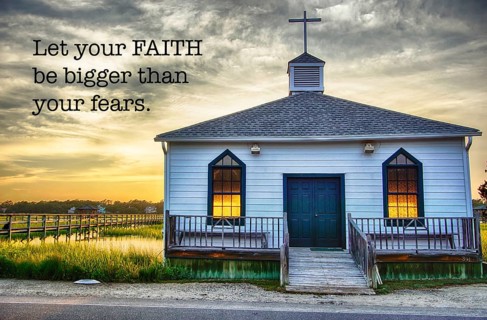 The historic chapel on Pawleys Island at sunset with inspirational faith-based text