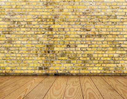 Room interior vintage with yellow brick wall and wood floor background