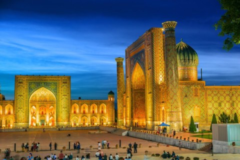 SAMARKAND, UZBEKISTAN - MAY 8, 2019: Registan, an old public square in the heart of the ancient