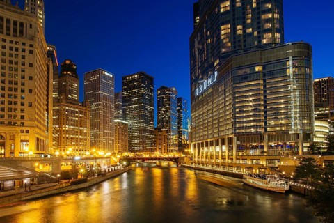 Chicago, USA, August 13th 2015: The night time view of Chicago River and surrounding buildings from
