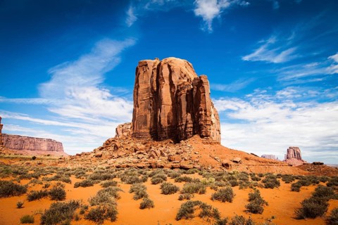 Complementary colours blue and orange in this iconic view of Monument Valley, USA, North America