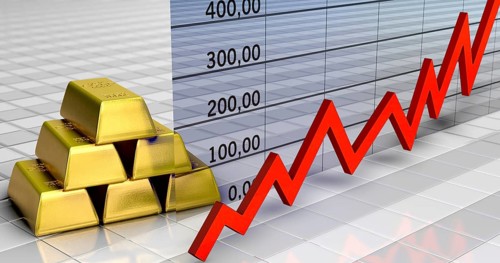The gold price is rising. Gold bar with diagram and graph
