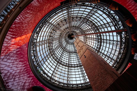Melbourne, Australia, December 18, 2020: Busy Melbourne Central and Shot Tower with Christmas
