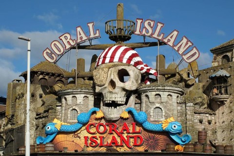Blackpool, Lancashire, United Kingdom, 5 March 2022: pirate themed sign above the coral island fun