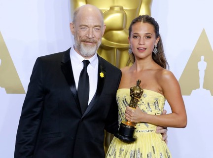 Alicia Vikander and J.K. Simmons at the 88th Annual Academy Awards, Press Room held at the Loews