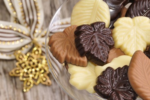 Chocolate leaves with decoration. Different types of chocolate