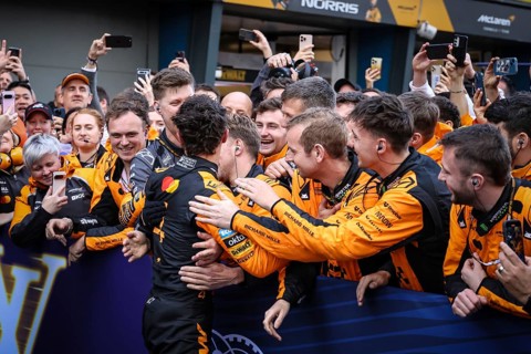 Lando Norris of Great Britain and McLaren Formula 1 Team celebrates winning the Australian Formula