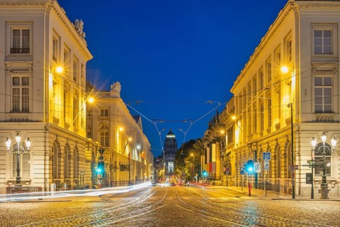 Brussels Belgium, night city skyline at Law Courts of Brussels (Palais de Justice) with traffic