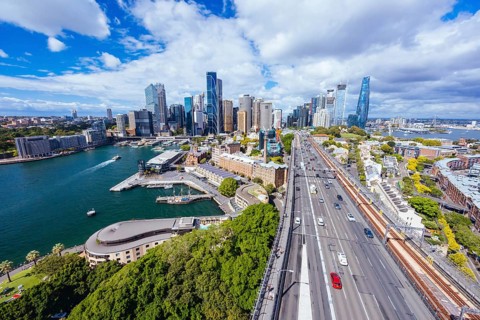 SYDNEY, AUSTRALIA, MARCH 4 2023: The Sydney CBD and surrounding harbour, including Circular Quay