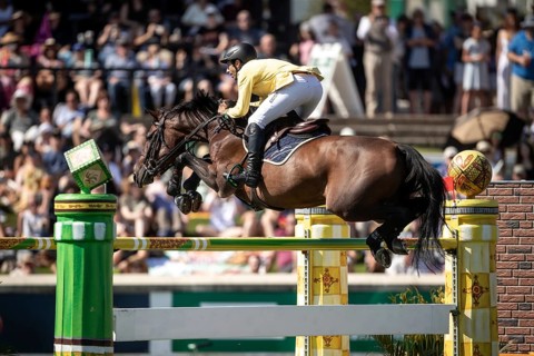 Yuri Mansur of Brazil and riding QH Alfons Santo Antonio compete in the first round of the 1.60m