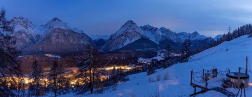 Evening mood, view from a hut with hot pot from Motta Naluns over Scuol towards Val S-charl,