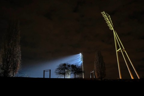 Germany, Berlin, 13.02.2024, Mauerpark, Cantianstadion in floodlight, floodlight masts, stadium,