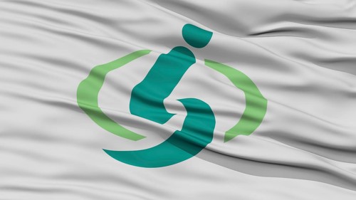 Closeup of Saitama Flag, Capital of Japan Prefecture, Waving in the Wind, High Resolution