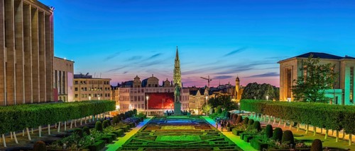 Brussels Belgium, night panorama city skyline at Mont des Arts Garden