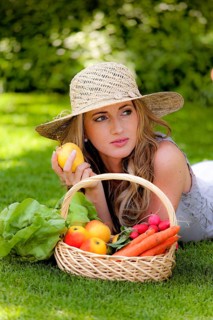 Fruit and vegetables in a basket with Mrs Austria