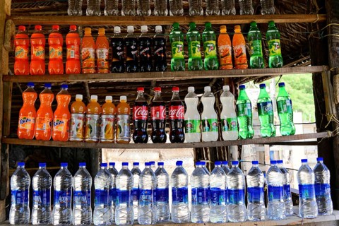 Kovalam, Malabar Coast, Malabar, Kerala, South India, Various beverage bottles neatly arranged on a