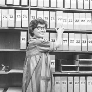 1950s glasses. A young woman in glasses and bows August 1959 is working in an archive