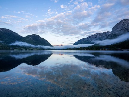 Morning fog over the lake, reflection, Grundlsee, Salzkammergut, Styria, Austria, Europe