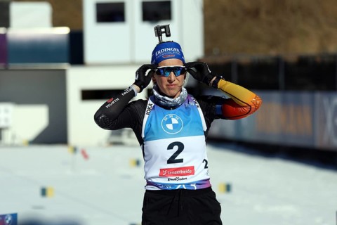 Franziska Preuß (SC Haag) at the shooting range at the IBU Biathlon World Championships Lenzerheide