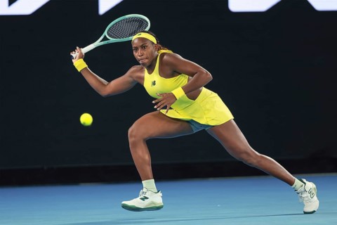 American tennis player Coco Gauff (USA) playing a forehand shot at the Australian Open 2025