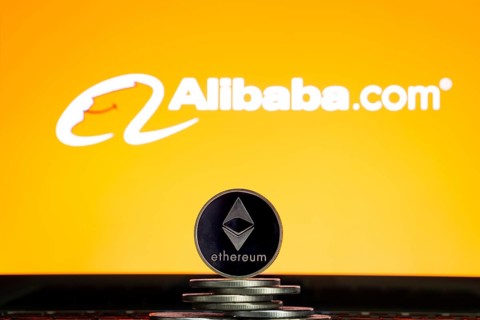 Ethereum coins with Alibaba logo on a laptop screen. Slovenia, Ljubljana, 02 24 2019