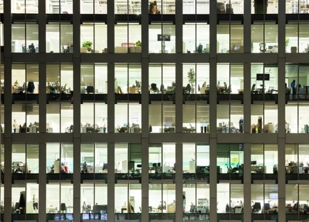 Modern office at night, showing the daily activity of office workers