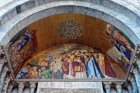 Mosaic painting at the entrance to St Mark's Basilica in Venice