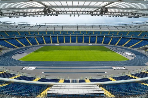 CHORZOW, POLAND - MAY 9, 2018: Tribune and pitch at Silesian Stadium multifunctional arena adapted