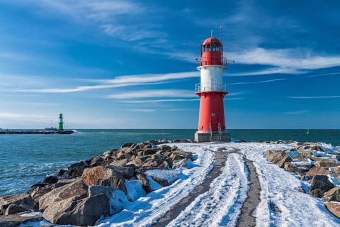The pier towers in Warnemünde in winter