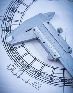 Close up of metal trammel caliper on blueprint construction concept