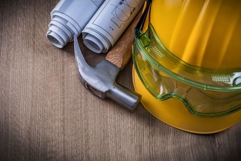 Claw hammer safety goggles construction drawings and hard hat