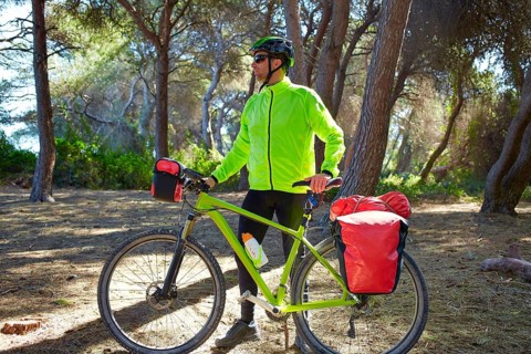 MTB Biker Bicycle touring in a pine forest with pannier racks and saddlebag