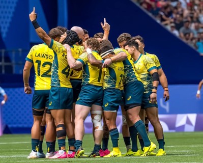 Men?s Pool B Rugby Seven: Team Australia (AUS) prepares for their match against Argentina (ARG) at