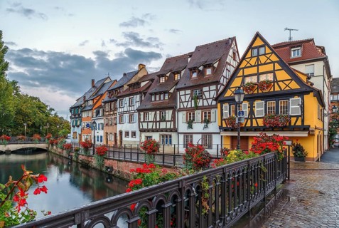 Embankment of Lauch River with historical houses in Colmar, Alsace, France, Europe