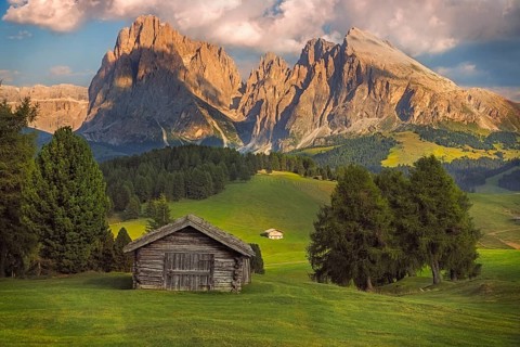 Seiser Alm with Langkofel group, South Tyrol, Dolomites, Italy, Europe