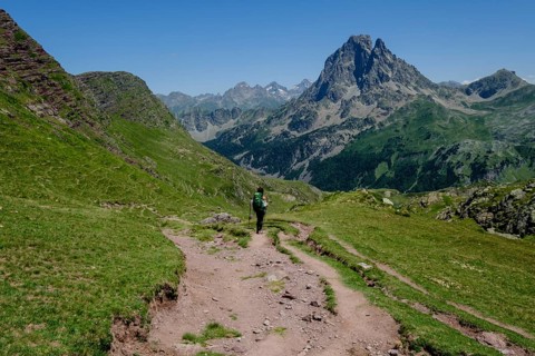 Trekker on Tour de l Ossau and Ayous lakes tour, Pyrenees National Park, Pyrenees Atlantiques,