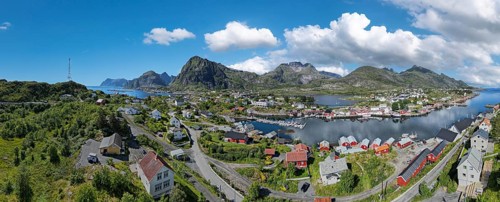 Aerial view, panorama with village view in the middle of lush landscape at the Vestfjord, Sorvagen,
