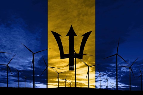 Barbados flag wind farm at sunset, sustainable development, renewable energy Wind Turbines