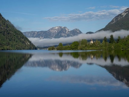 Morning atmosphere, reflection, early morning fog over the Grundlsee, panoramic shot,