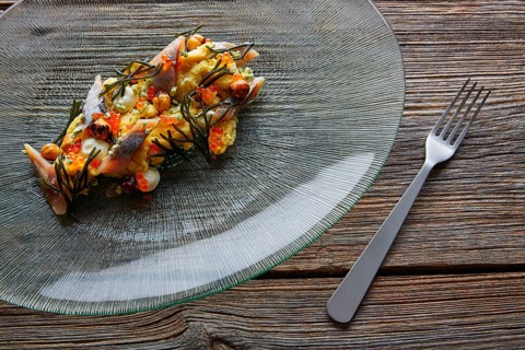 Smoked sardines salad with creamy cheese corn codium and hazelnuts